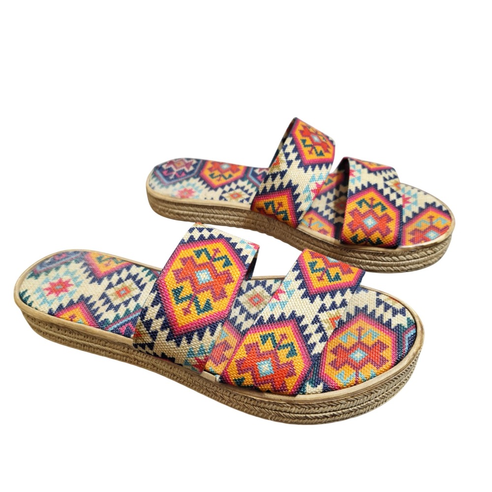 Womens 7.5-8 Southwestern Geometric Print Slide Sandals Espadrille Platform Flat